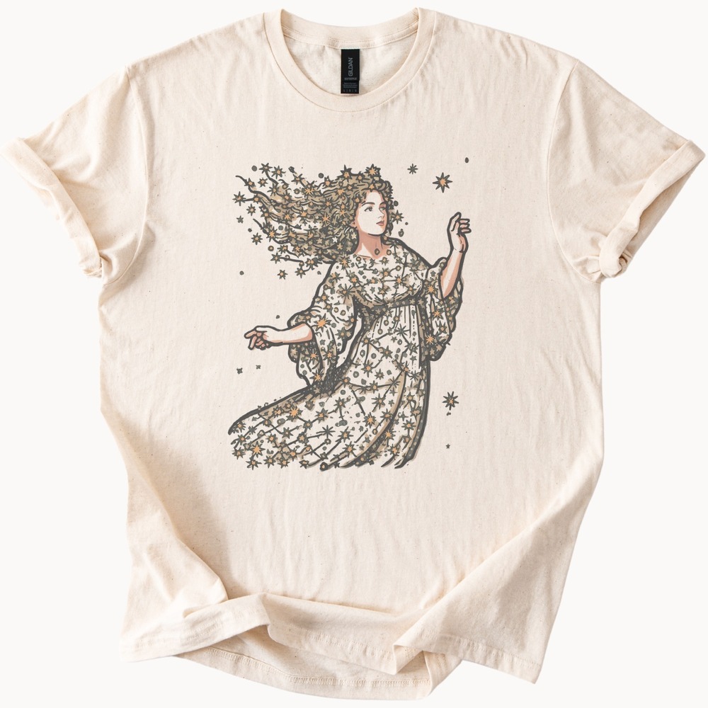 Celestial Dreamer Graphic Tee with Starry Dress Illustration